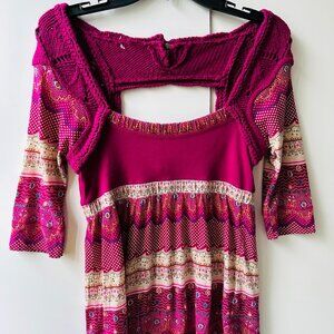 Free People Womens Knit Top Size S Purple Embroidery Open Back 3/4 Sleeve Boho